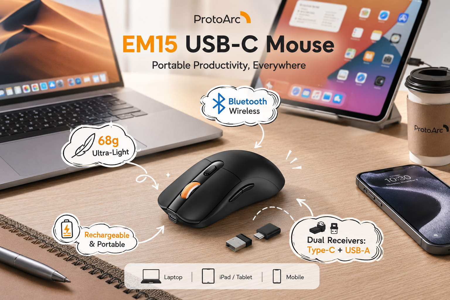 ProtoArc EM15 black wireless mouse on a modern desk with laptop, tablet and smartphone, highlighting its 68g ultra-light design, Bluetooth connectivity, USB-C and USB-A dual receivers, rechargeable battery, and portable productivity.