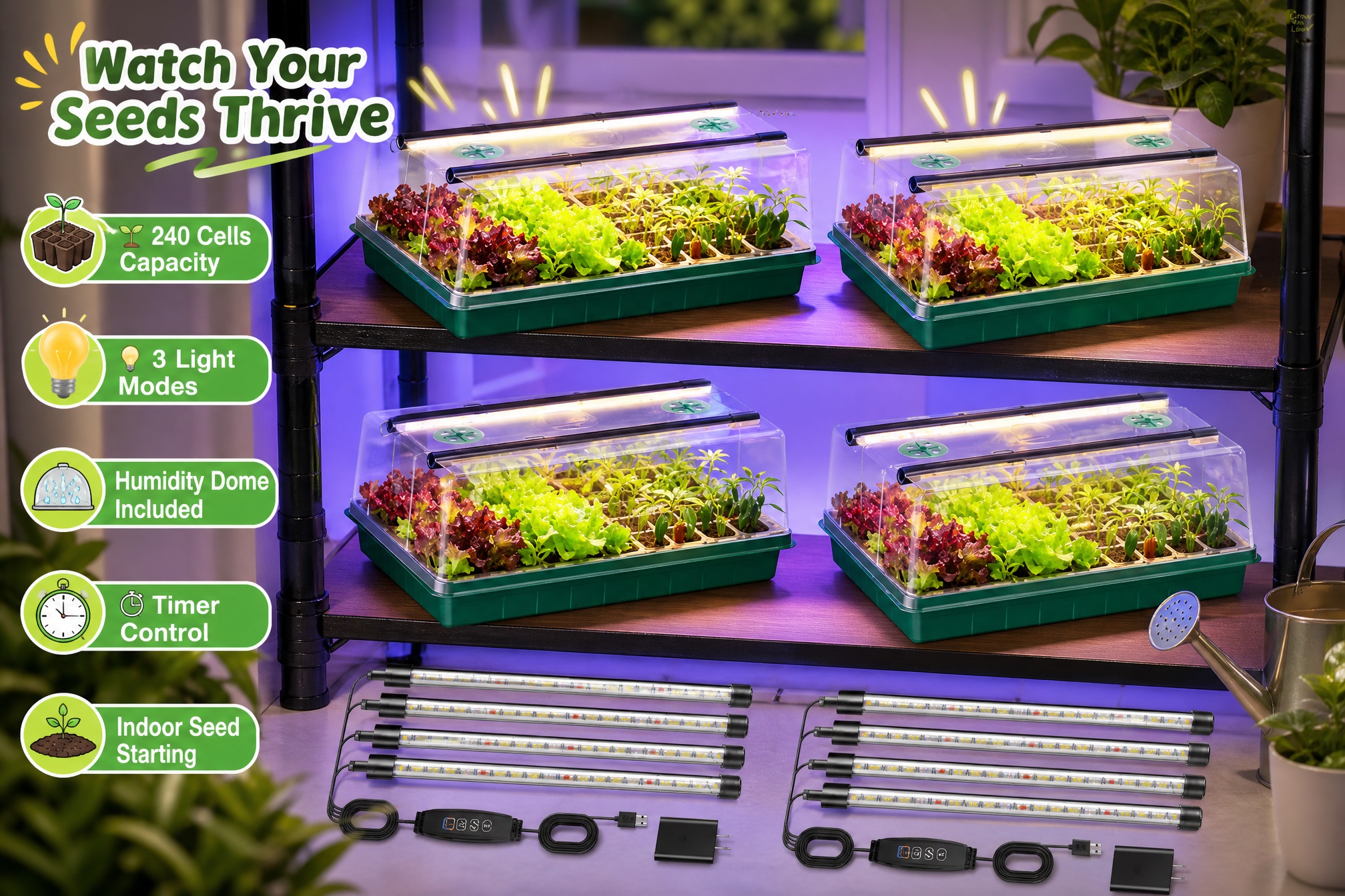 Four indoor seed-starting trays with clear humidity domes and LED grow lights arranged on shelving, showing healthy seedlings, 240-cell capacity, three light modes, timer control and included grow-light accessories.