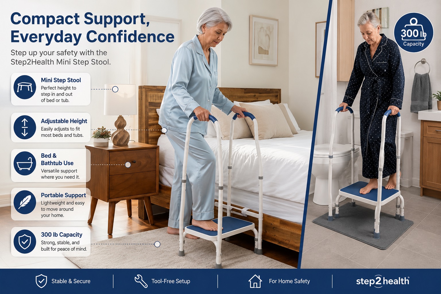 An older woman uses a white bedside step-and-rail assist device beside a bed. The promotional graphic highlights adjustable height, cane holder, LED light, mesh storage bag, and safer bedside access.