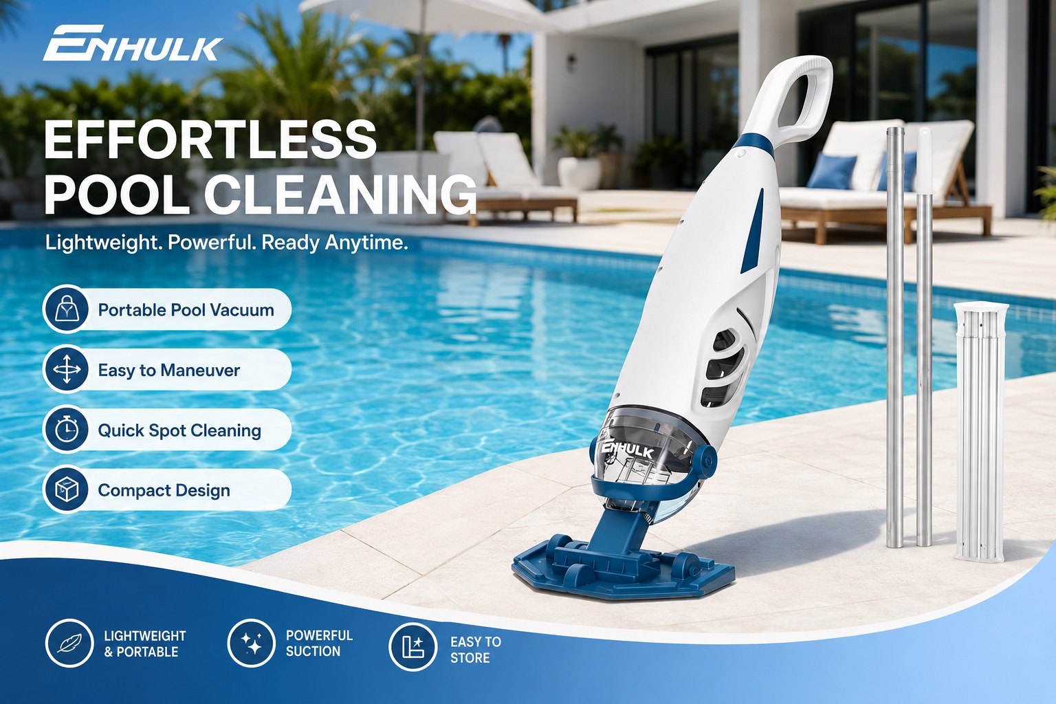 Portable ENHULK pool vacuum standing on pool deck next to extension pole sections.
