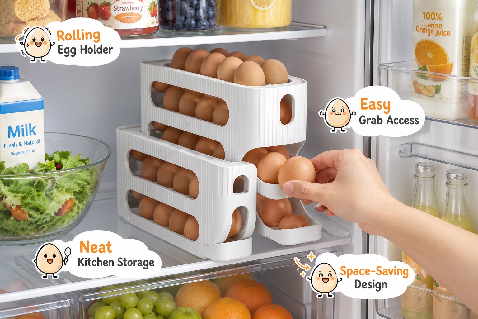 Sotfamily rolling egg holder organizer featuring a white vertical egg storage rack inside a refrigerator. Designed for neat egg organization, easy grab access, and efficient kitchen space saving.