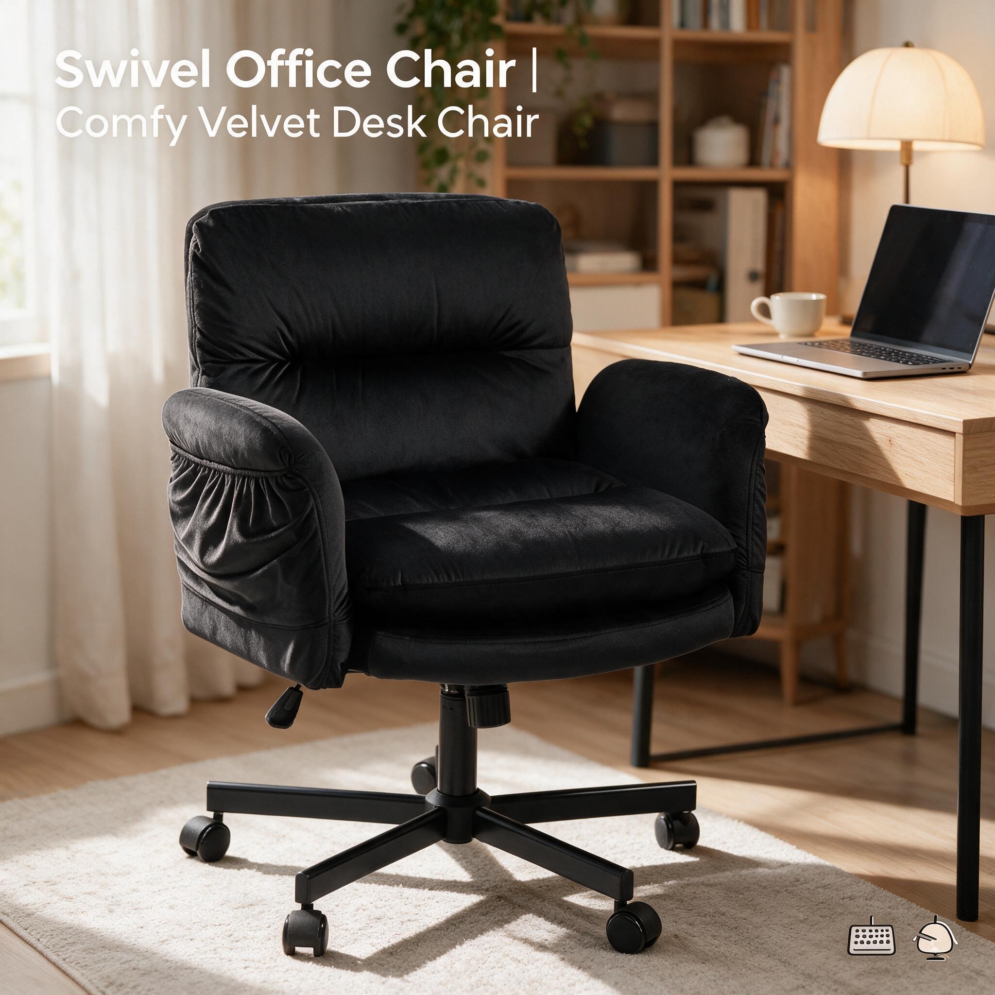 Bestier black velvet office chair featuring swivel mobility, flip-up arms, and a wide cushioned seat, designed for comfortable use in home offices, bedrooms, gaming rooms, and vanity spaces.