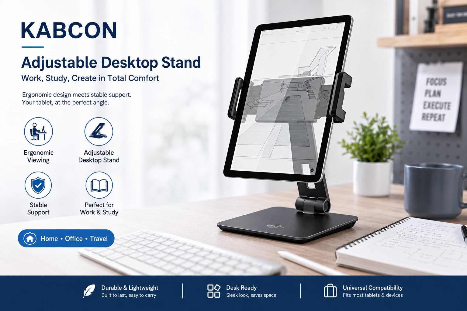 KABCON adjustable desktop stand featuring a tablet positioned at an ergonomic viewing angle. The sturdy metal base offers reliable support for work, study, drawing, and everyday tablet applications.