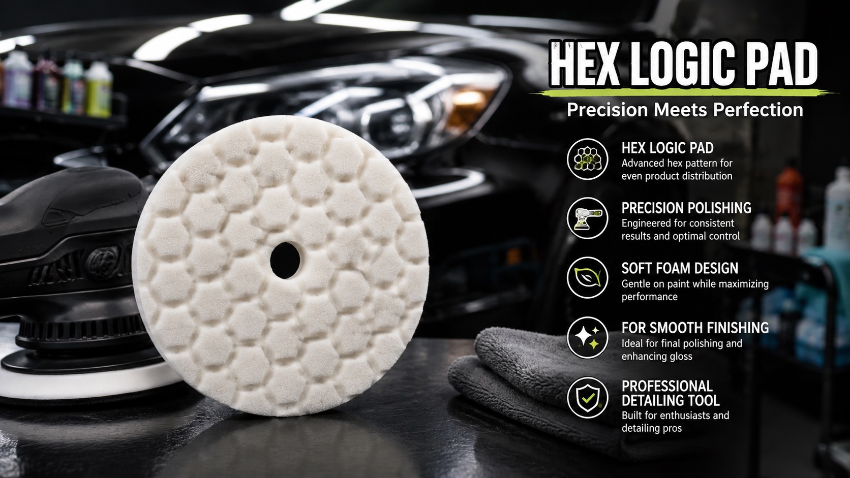 A single white Chemical Guys Hex Logic polishing pad with a distinctive honeycomb pattern and center hole, sitting on a surface next to a black buffer machine and grey towels, against a blurred black car front. Title "HEX LOGIC PAD" and features are listed.