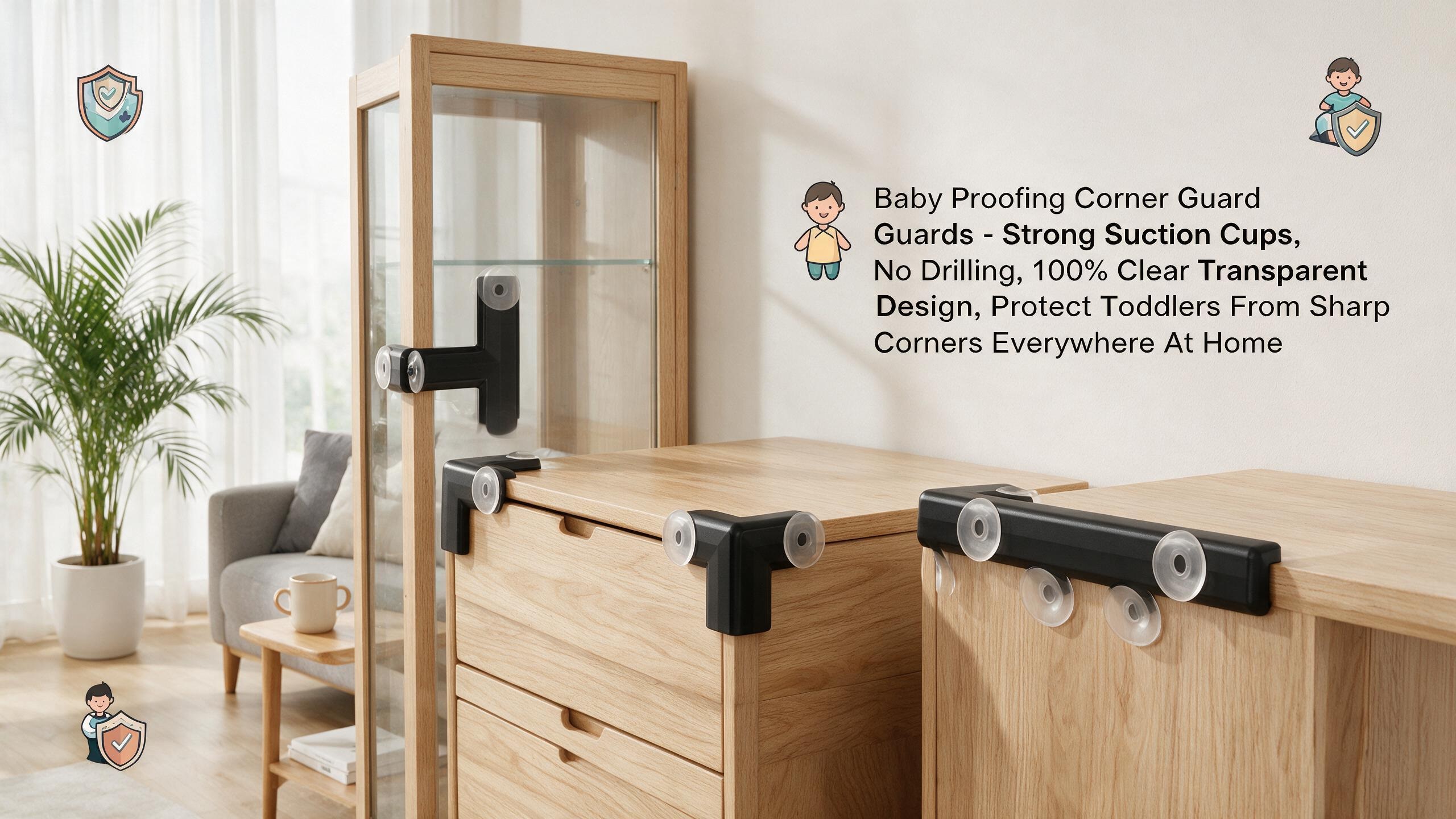 Black baby proofing corner guards with suction cups installed on wooden furniture edges. The clear safety design helps protect toddlers from sharp corners while maintaining a clean modern home interior.