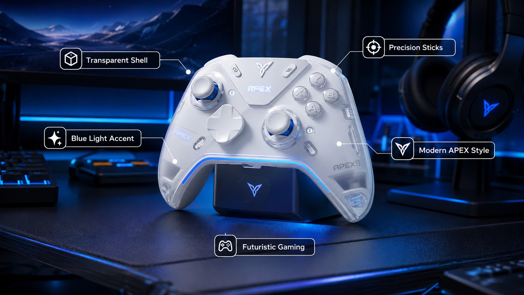 FLYDIGI APEX transparent white gaming controller featuring a futuristic translucent shell design, blue lighting accents, and modern gaming aesthetics. The image showcases highlighted features including Transparent Shell, Blue Light Accent, Precision Sticks, Modern APEX Style, and Futuristic Gaming in a neon gaming environment.