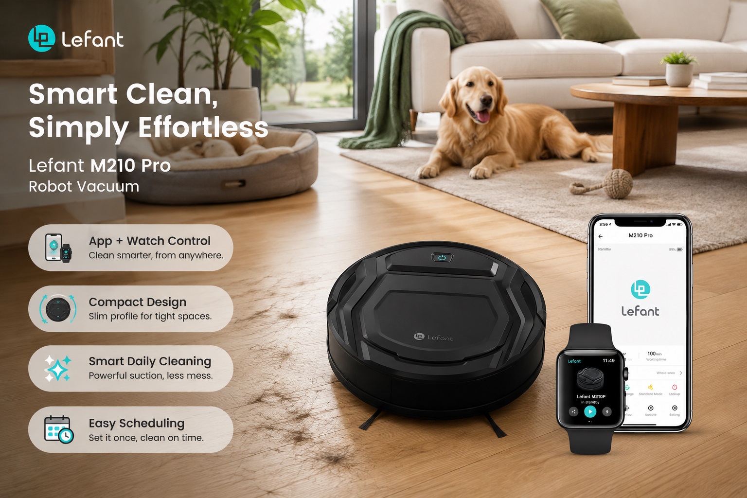Lefant black M210 Pro robot vacuum displayed in a pet-friendly home environment with smartphone and smartwatch controls. The image highlights smart app control, compact design, powerful cleaning, and automatic scheduling features.
