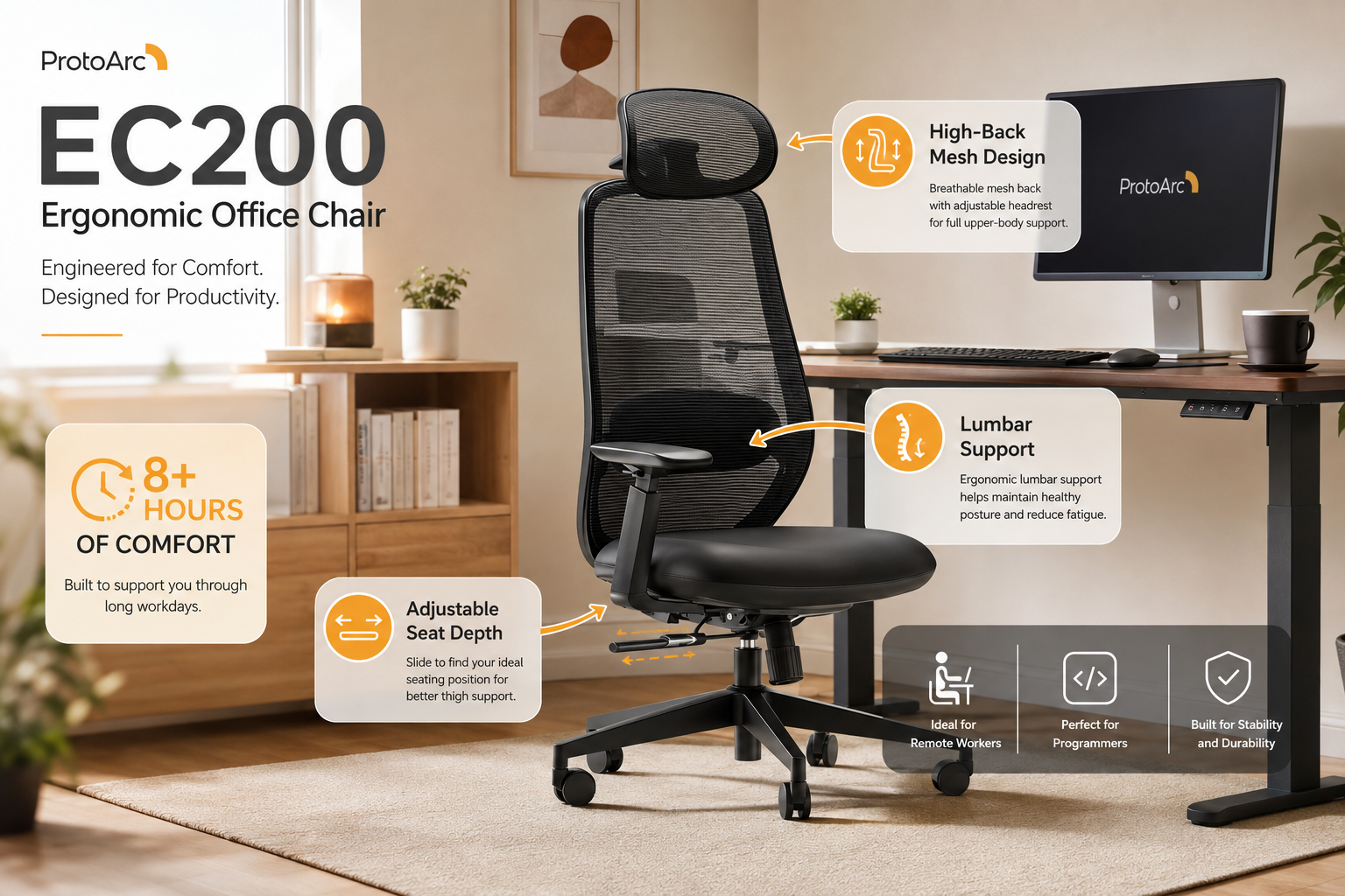 ProtoArc EC200 black high-back mesh ergonomic office chair in a bright home-office workspace, featuring adjustable seat depth, lumbar support, adjustable headrest, breathable mesh construction, and comfort designed for long workdays.