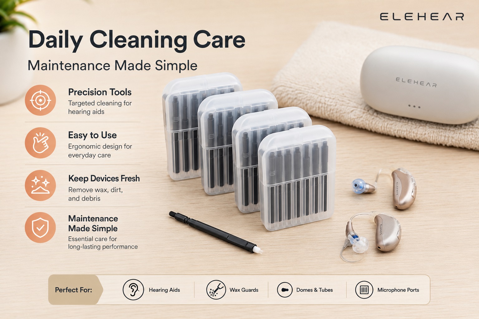 ELEHEAR hearing aid cleaning tools and accessories displayed on a clean tabletop with hearing devices nearby. The image highlights daily cleaning care, precision tools, device maintenance, and keeping hearing aids fresh.