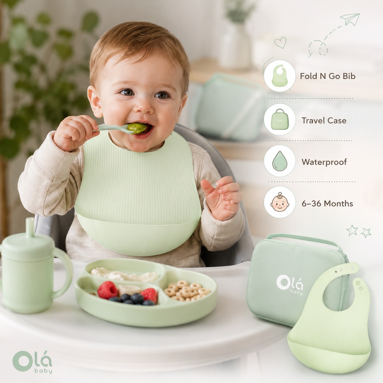 Baby wearing Olababy Fold N Go silicone bib during mealtime, featuring a mint green waterproof bib design with travel-friendly storage, easy cleaning, and suitability for ages 6–36 months.
