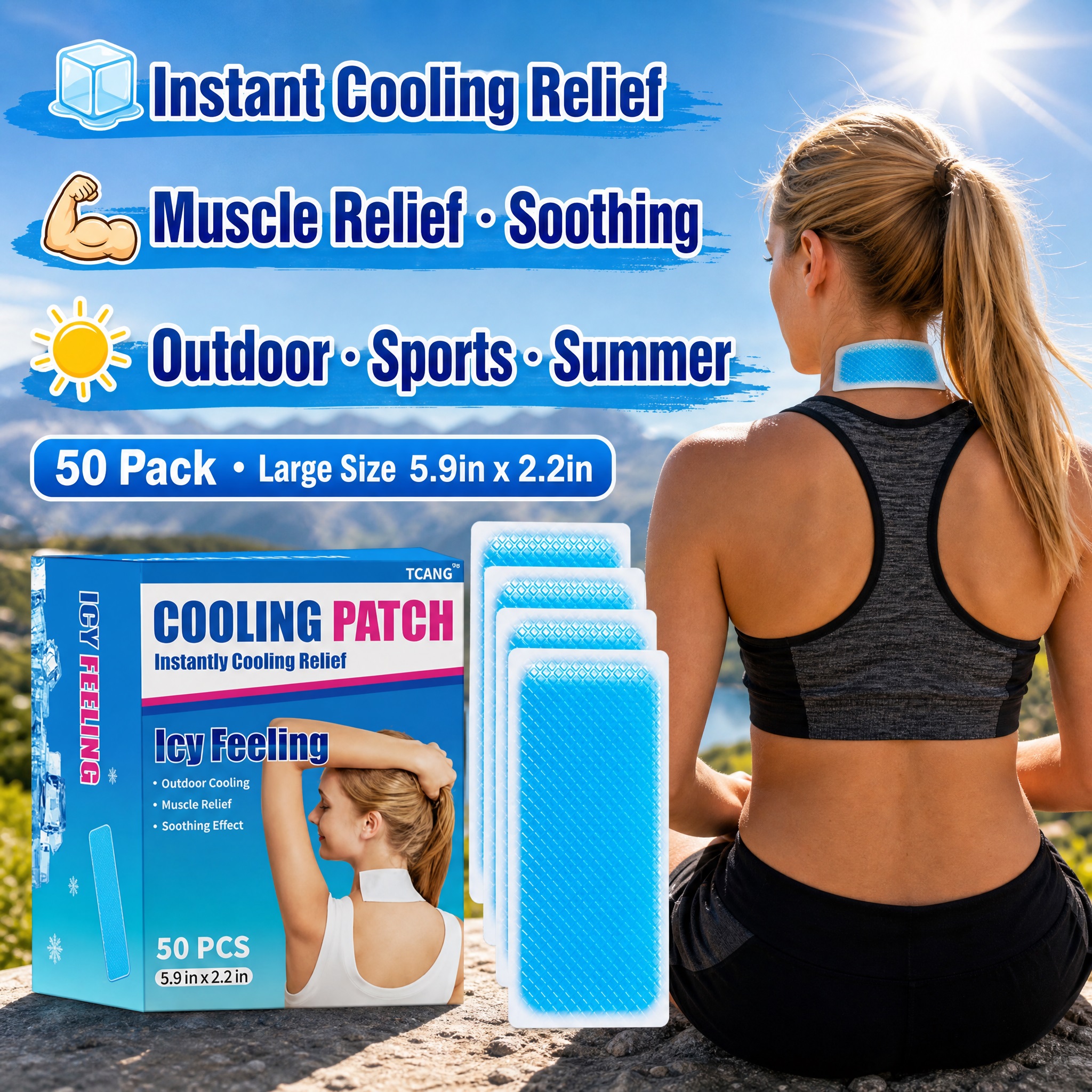 TCANG instant cooling patch lifestyle image featuring a woman applying a blue cooling patch to her neck after outdoor exercise. The image showcases instant cooling relief for outdoor activities, sports, summer use, 50-pack quantity, and large-size patches.