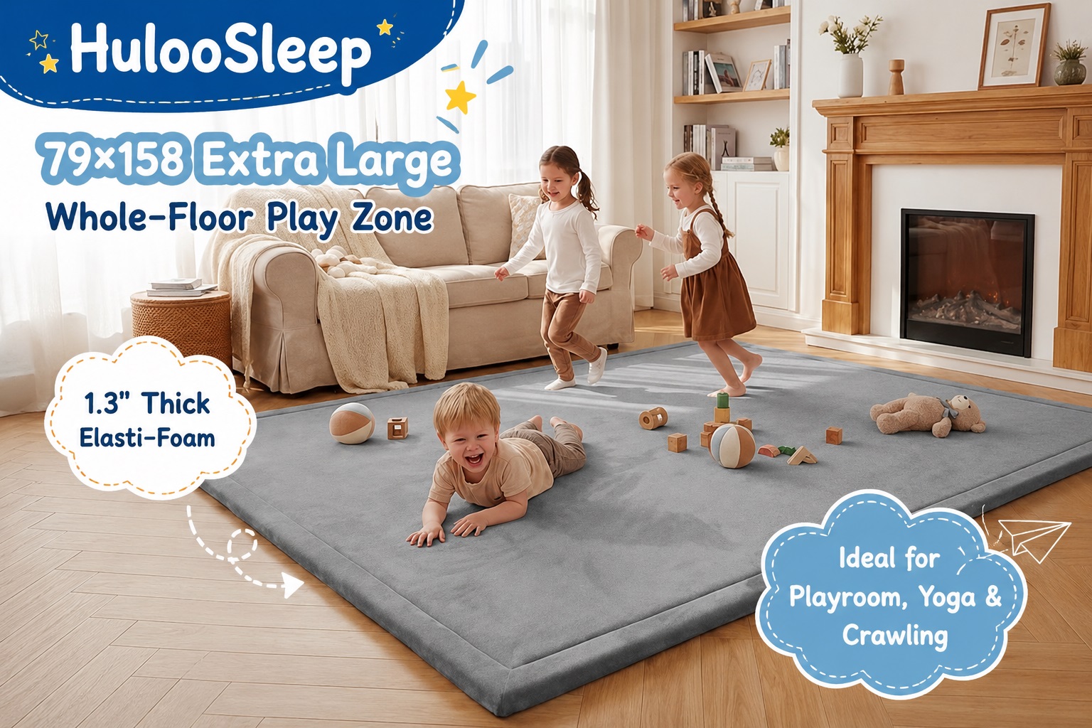 Three children having fun on a HulooSleep 79x158 extra-large whole-floor play zone mat in a living room. Text points out the 1.3-inch thick elasti-foam and notes it is ideal for playrooms, yoga, and crawling.
