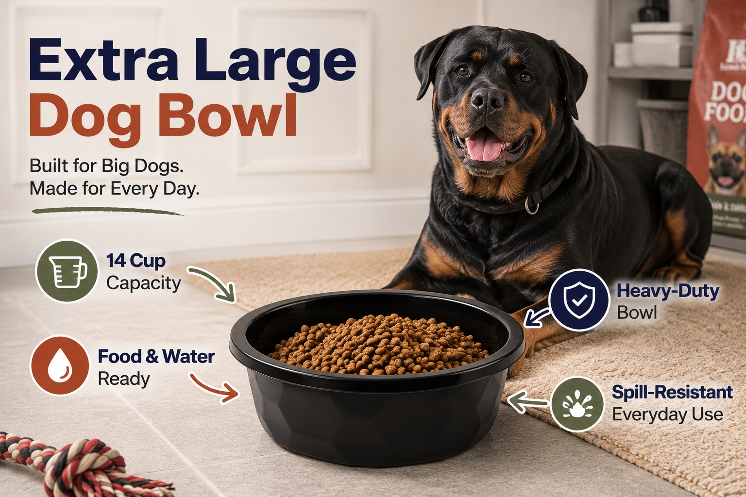 Leash Boss extra-large black dog bowl filled with kibble beside a large Rottweiler. The 14-cup heavy-duty bowl is designed for food or water and features a spill-resistant everyday feeding design.
