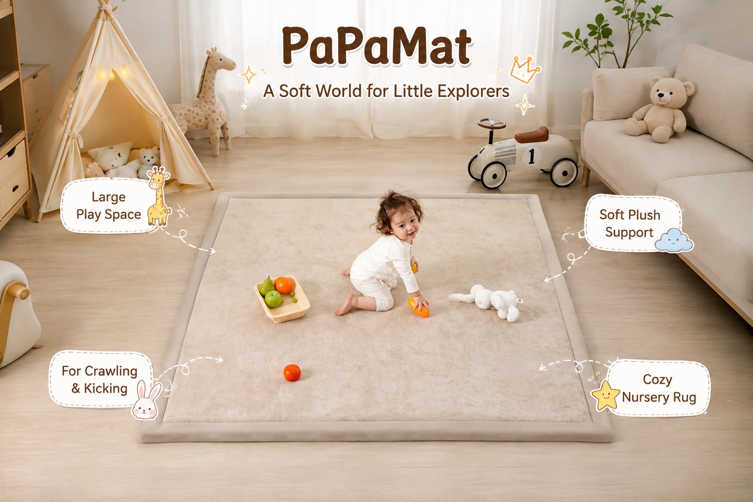 PaPaMat beige plush nursery play mat with a toddler playing in a softly decorated room. The large cushioned surface is shown for crawling, kicking, floor play, and creating a cozy nursery activity area.