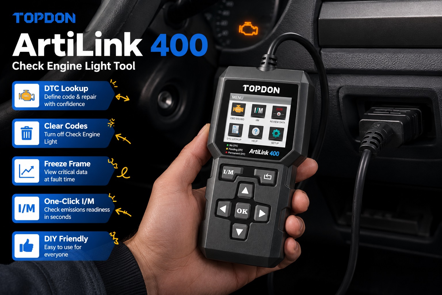 TOPDON ArtiLink 400 OBD2 scanner connected inside a vehicle and held by a user, featuring DTC lookup, code clearing, freeze-frame data, one-click I/M readiness checks and DIY-friendly diagnostics.