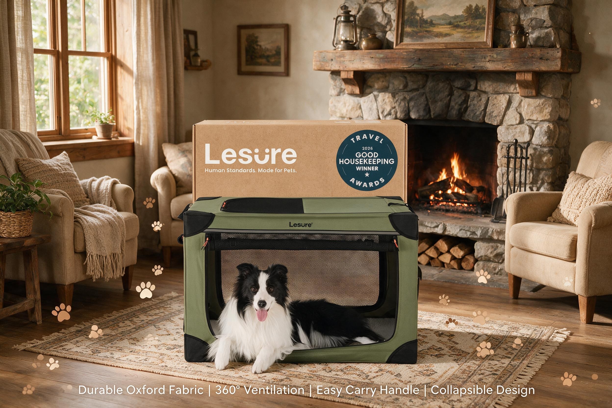 Lesure green soft-sided pet crate featured in a cozy living room with fireplace, showing a border collie resting inside and highlighting durable Oxford fabric, 360-degree ventilation, collapsible design, and everyday home comfort.