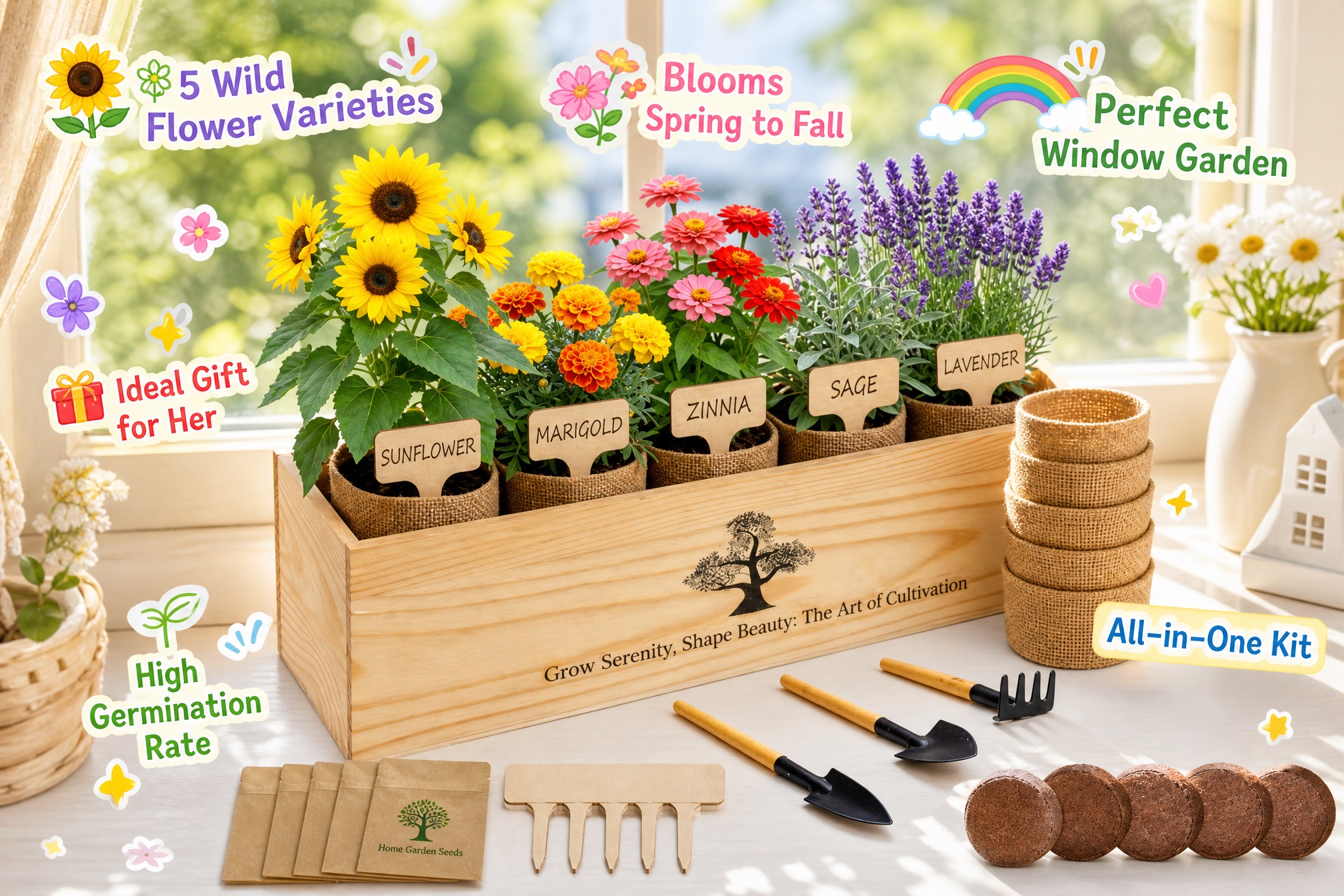 Indoor wildflower garden kit displayed by a sunny window with sunflowers, marigolds, zinnias, sage and lavender in labeled pots, plus planting tools, seed packets, markers, coir discs and biodegradable pots.