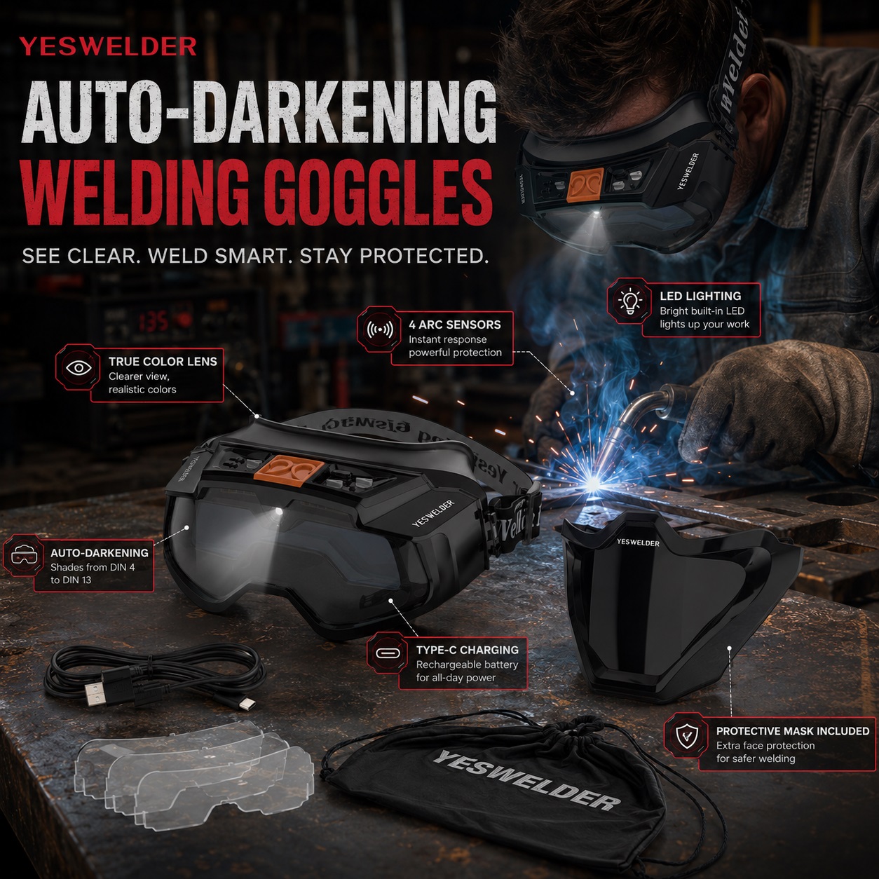 Promotional graphic for the YESWELDER 40ft Extension Cord, with a headline to "power your welder anywhere." A bundle of the heavy-duty 8 AWG cord is shown with its NEMA plug and connector next to a working welder. Key features are listed, focusing on power and reach.