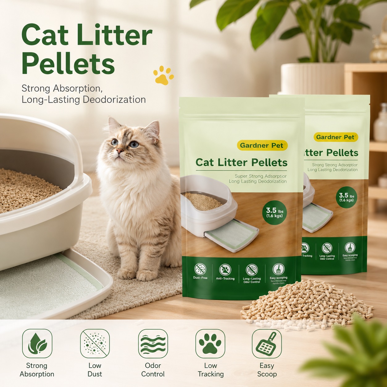 Gardner Pet cat litter pellets displayed with a fluffy cat, litter box, and premium packaging in a clean indoor environment. The image highlights strong absorption, odor control, low dust, low tracking, and easy scooping.