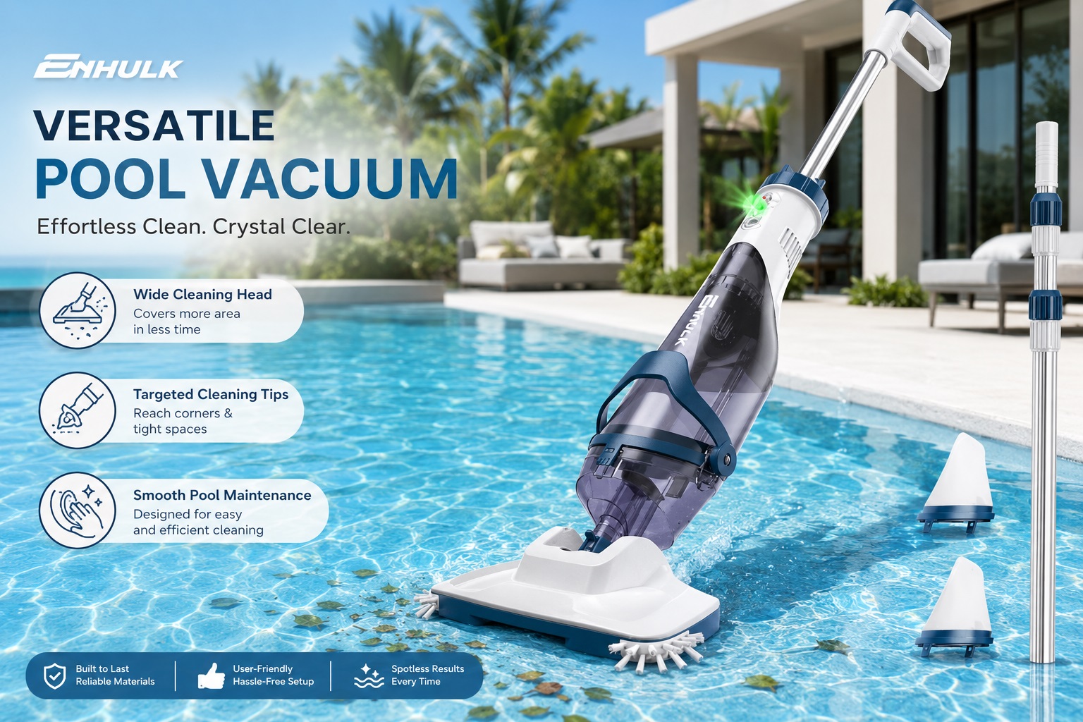 Versatile ENHULK pool vacuum with wide brush head, telescopic pole, and interchangeable filter cones displayed by a swimming pool.