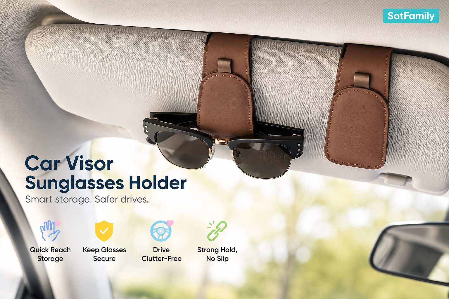 Sotfamily car visor sunglasses holder featuring a brown leather strap attached to a vehicle sun visor. Provides convenient eyewear storage and keeps sunglasses secure while driving.