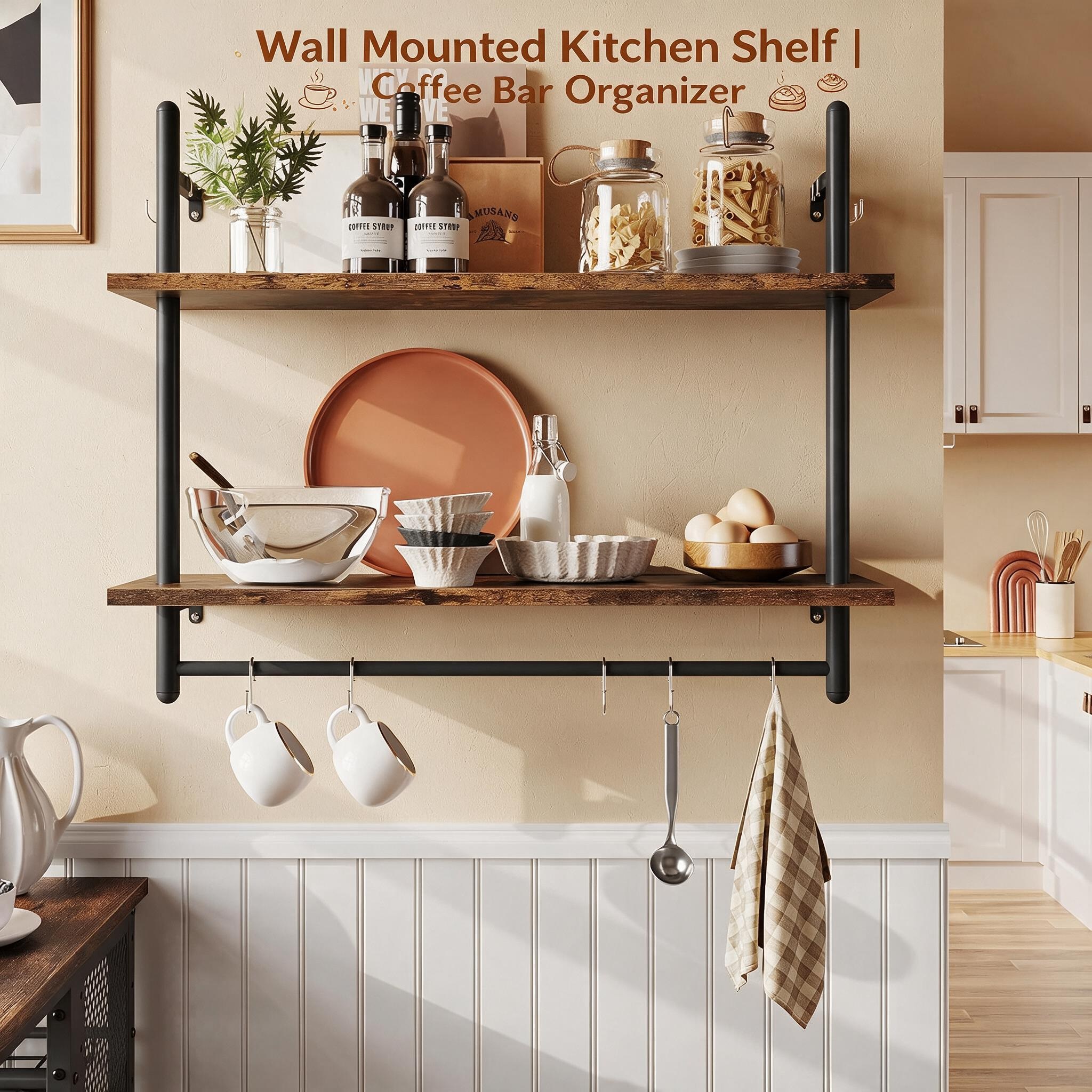 Bestier industrial wall-mounted kitchen shelf featuring rustic wood boards, metal pipe design, coffee bar storage, hanging hooks, and decorative organization for maximizing kitchen wall space.