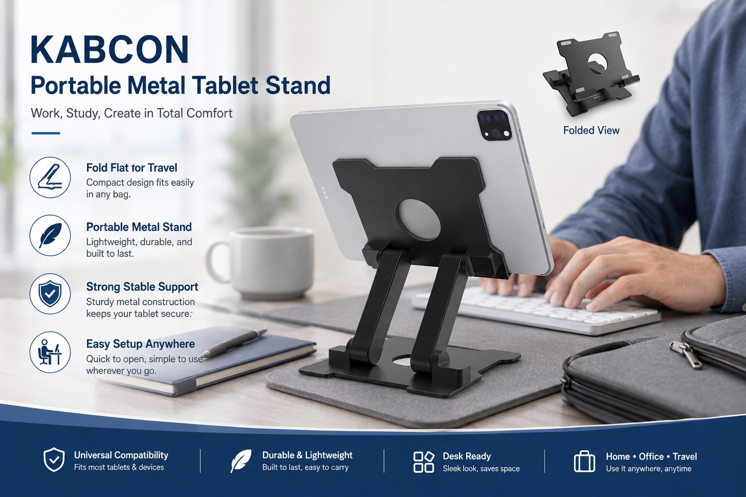 KABCON portable metal tablet stand shown in a professional workspace. The foldable aluminum stand combines lightweight portability, durable construction, stable support, and easy setup for office and travel.