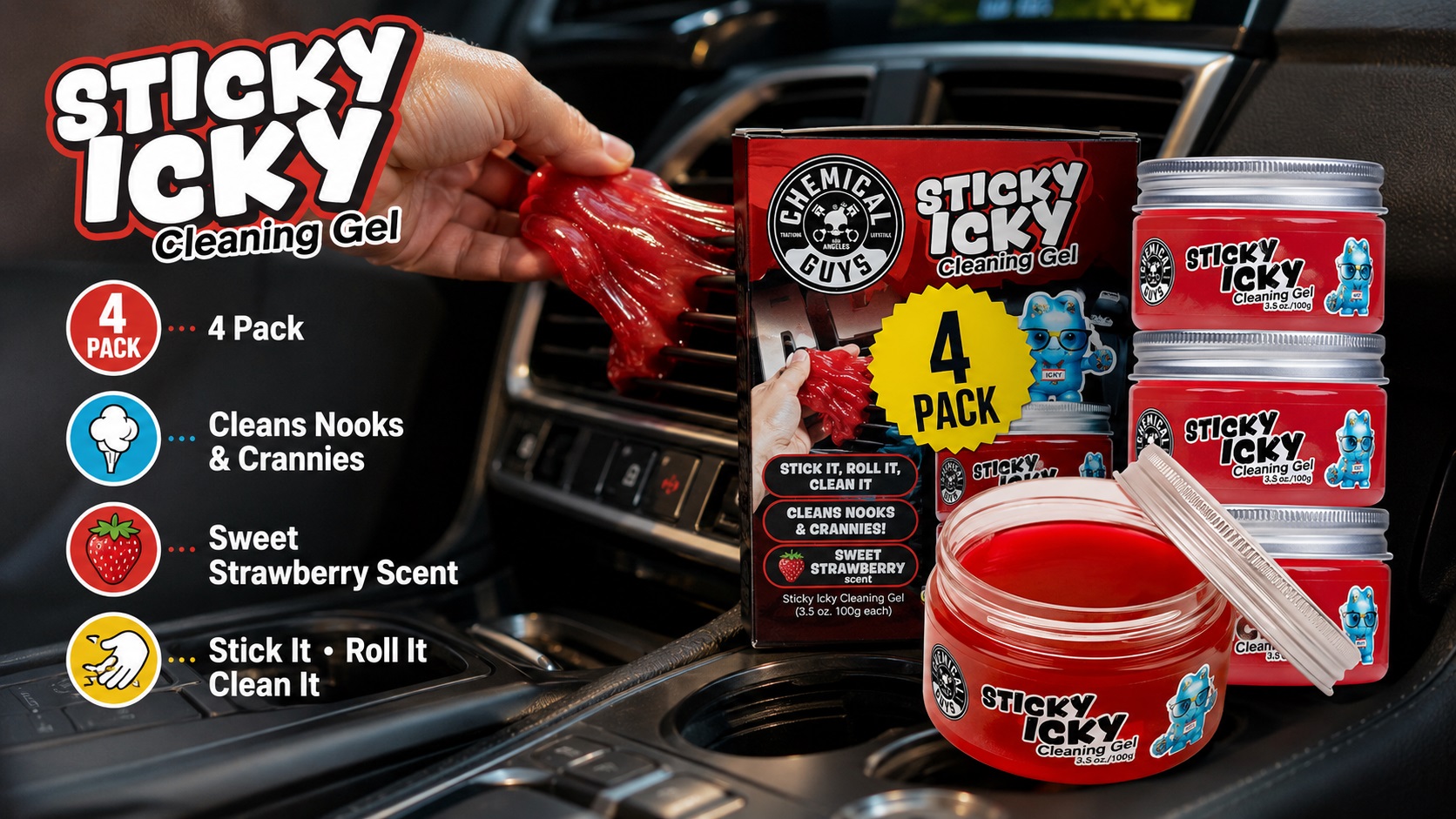 Product photography inside a car interior showing a hand applying red Sticky Icky Cleaning Gel to an air vent, next to a 4-pack product box and individual red gel jars, with descriptive icons. The text "STICKY ICKY" and features are displayed.