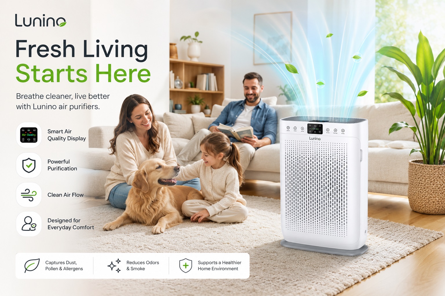 Lunino air purifier family lifestyle scene showing a large purifier in a bright home with family and pet interaction. The image highlights smart air quality display, powerful purification, clean airflow, and healthier home living.