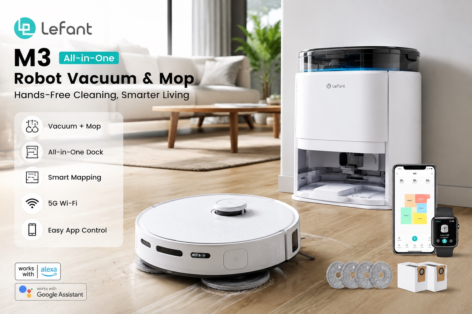 Lefant M3 all-in-one robot vacuum and mop displayed with an automatic docking station, smartphone app, and smartwatch. The image features vacuum and mop functions, smart mapping, 5G Wi-Fi, fully automated cleaning, and a complete smart home cleaning solution.
