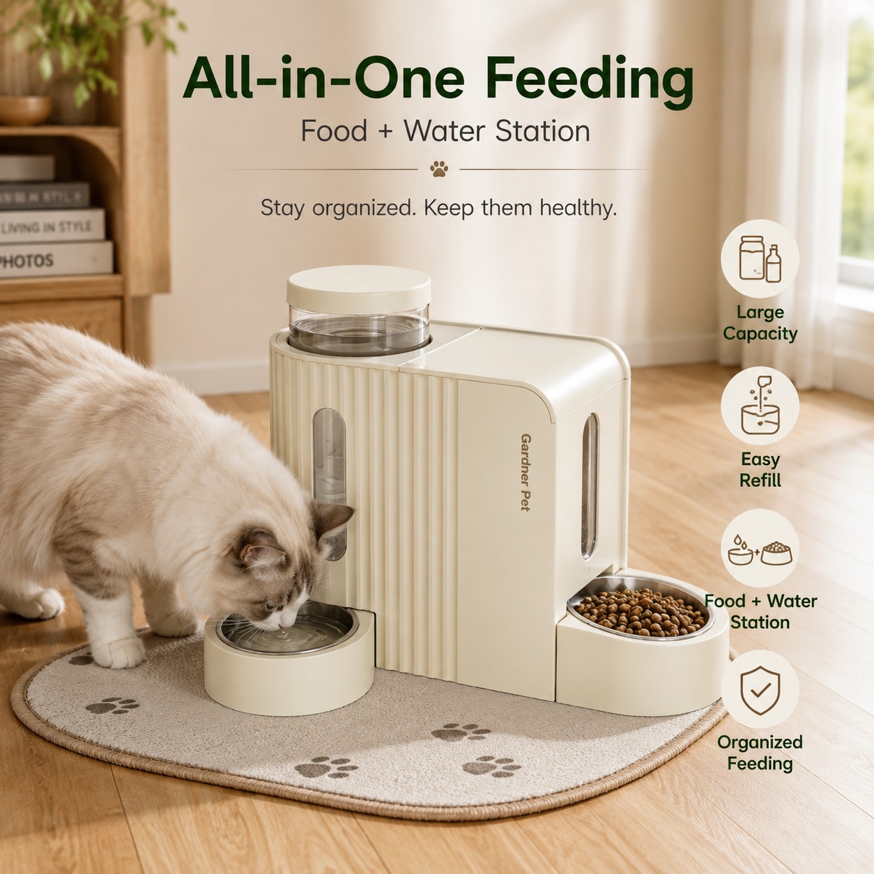 Gardner Pet all-in-one feeding station shown in a modern home with a cat drinking and eating nearby. The image highlights combined food and water storage, large capacity, easy refill, and organized pet feeding.