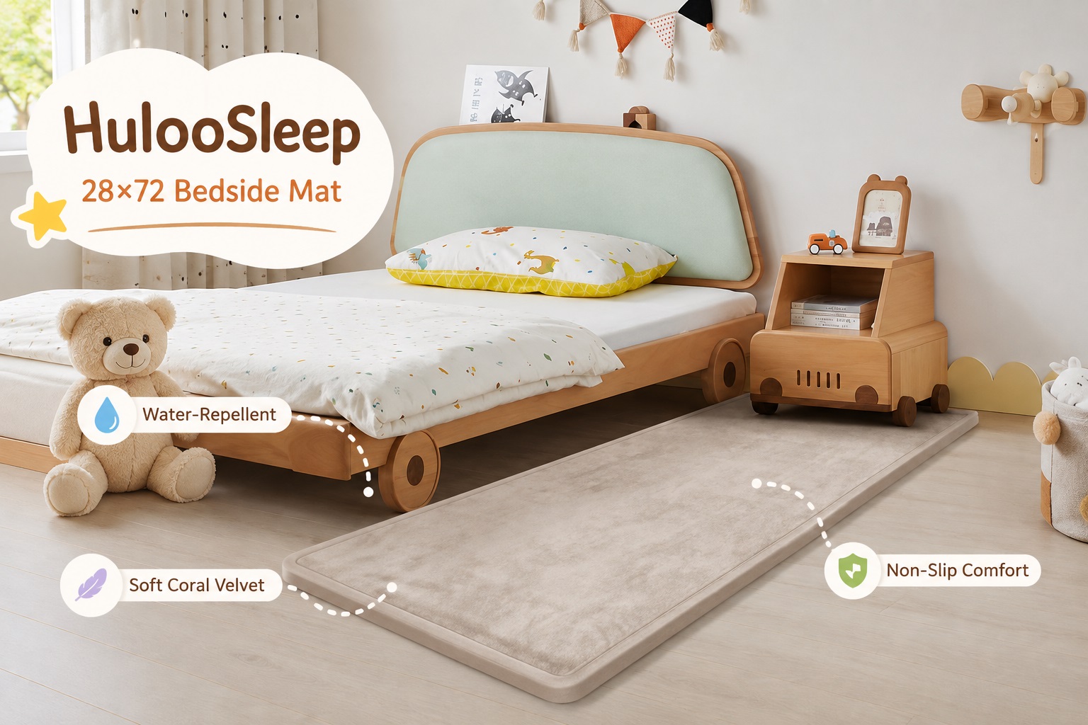 A HulooSleep 28x72 bedside mat in beige placed next to a wooden toddler bed. Key features shown are a water-repellent surface, soft coral velvet fabric, and non-slip comfort.