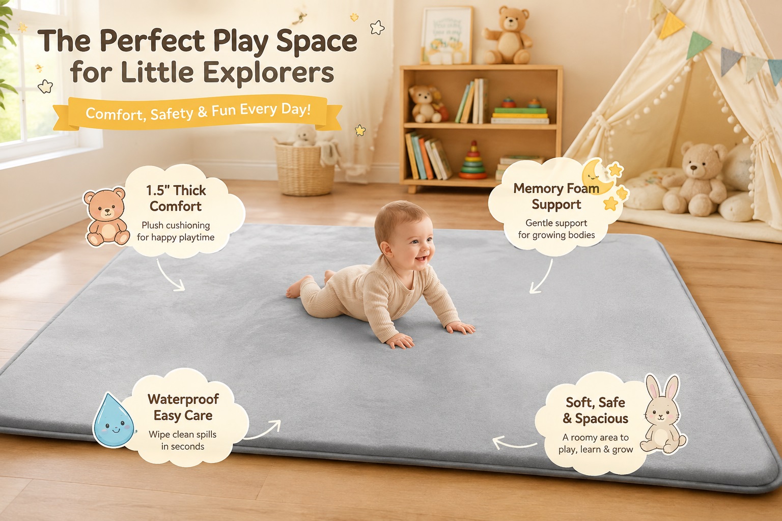 PaPaMat large gray memory foam play mat with a crawling baby in a warm nursery. The image highlights 1.5-inch thick cushioning, memory foam support, waterproof easy-care surface, and spacious play area.