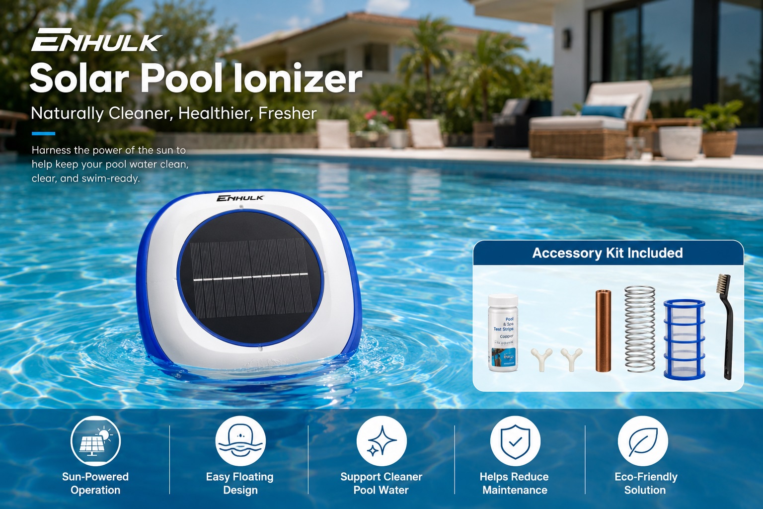 ENHULK solar pool ionizer floating in water with included accessory kit showing copper anode, test strips, and cleaning brush.