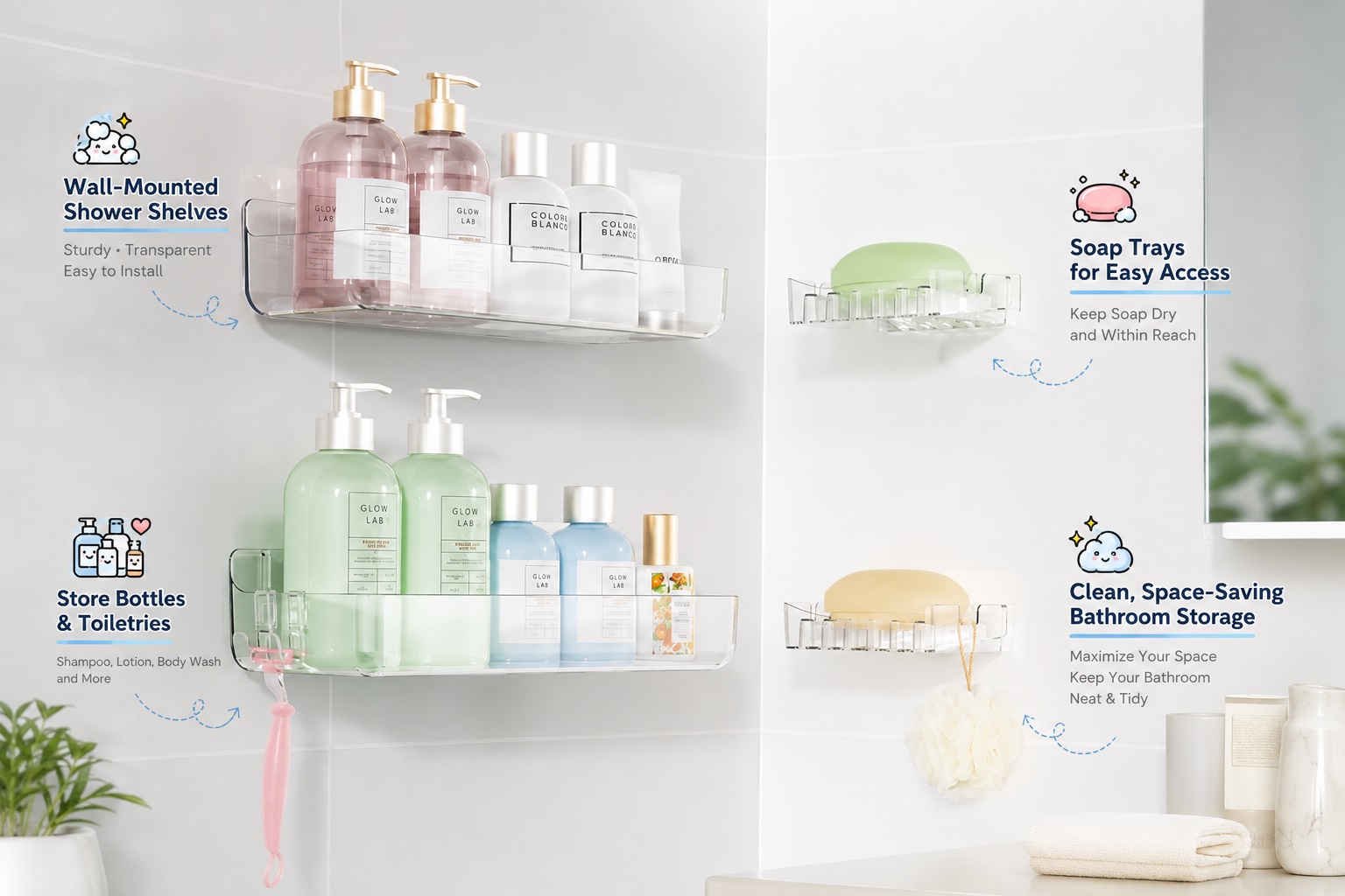Sotfamily transparent wall-mounted shower shelves installed in a modern bathroom, organizing shampoo, body wash, soap, and toiletries. Creates a clean and space-saving bathroom storage solution.