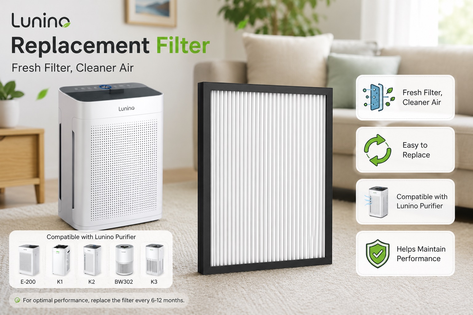 Lunino replacement filter and compatible air purifier displayed in a modern home setting. The image shows a high-efficiency filter structure with replacement guidance, compatibility information, and cleaner air maintenance benefits.
