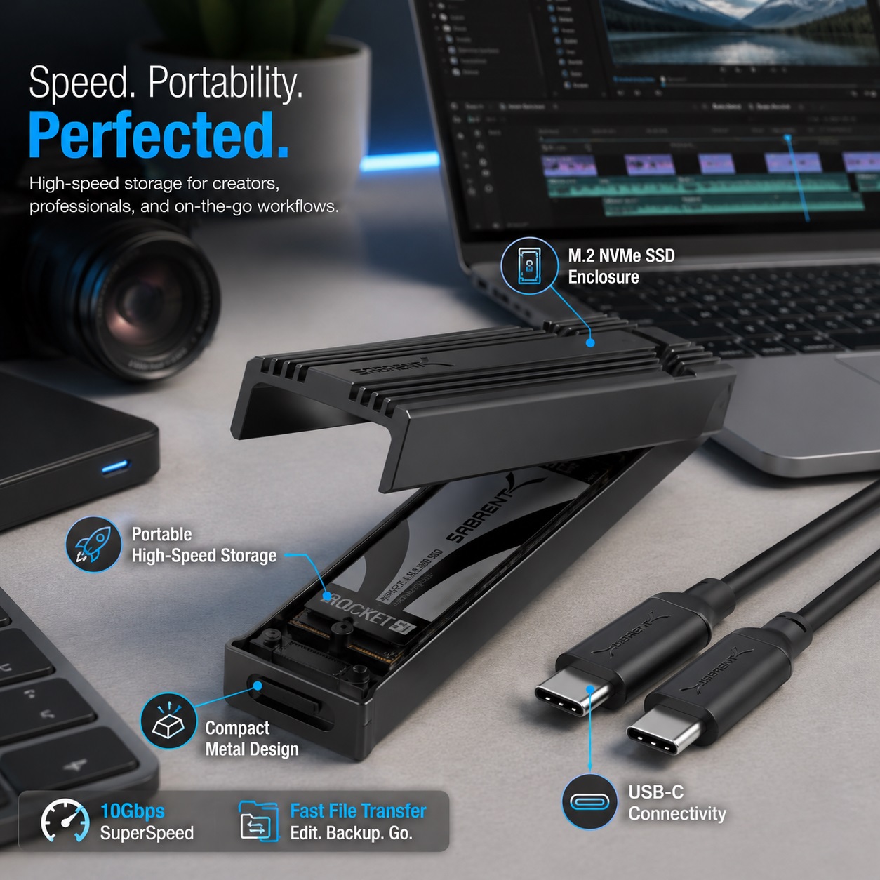 SABRENT M.2 NVMe SSD enclosure with internal SSD exposed and USB-C cables shown, highlighting portable high-speed storage, fast file transfer, and compact metal design.