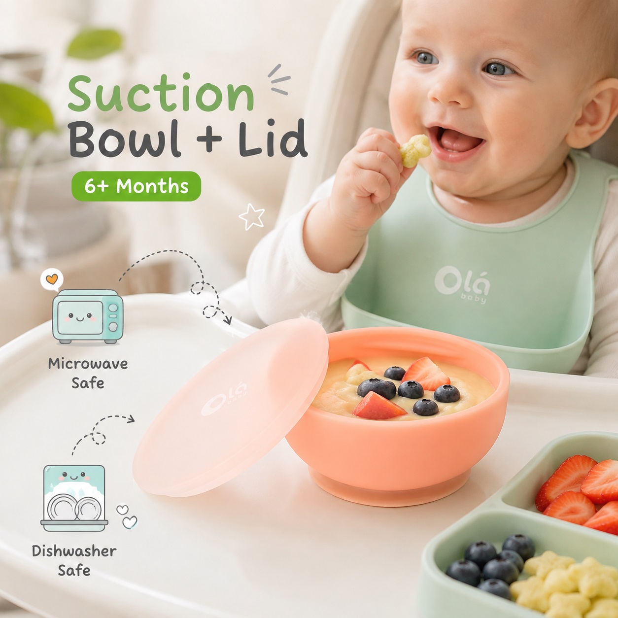 Olababy silicone suction bowl with lid displayed during baby feeding, featuring a coral bowl design with secure suction base, covered storage, easy cleaning, and baby-led feeding benefits.
