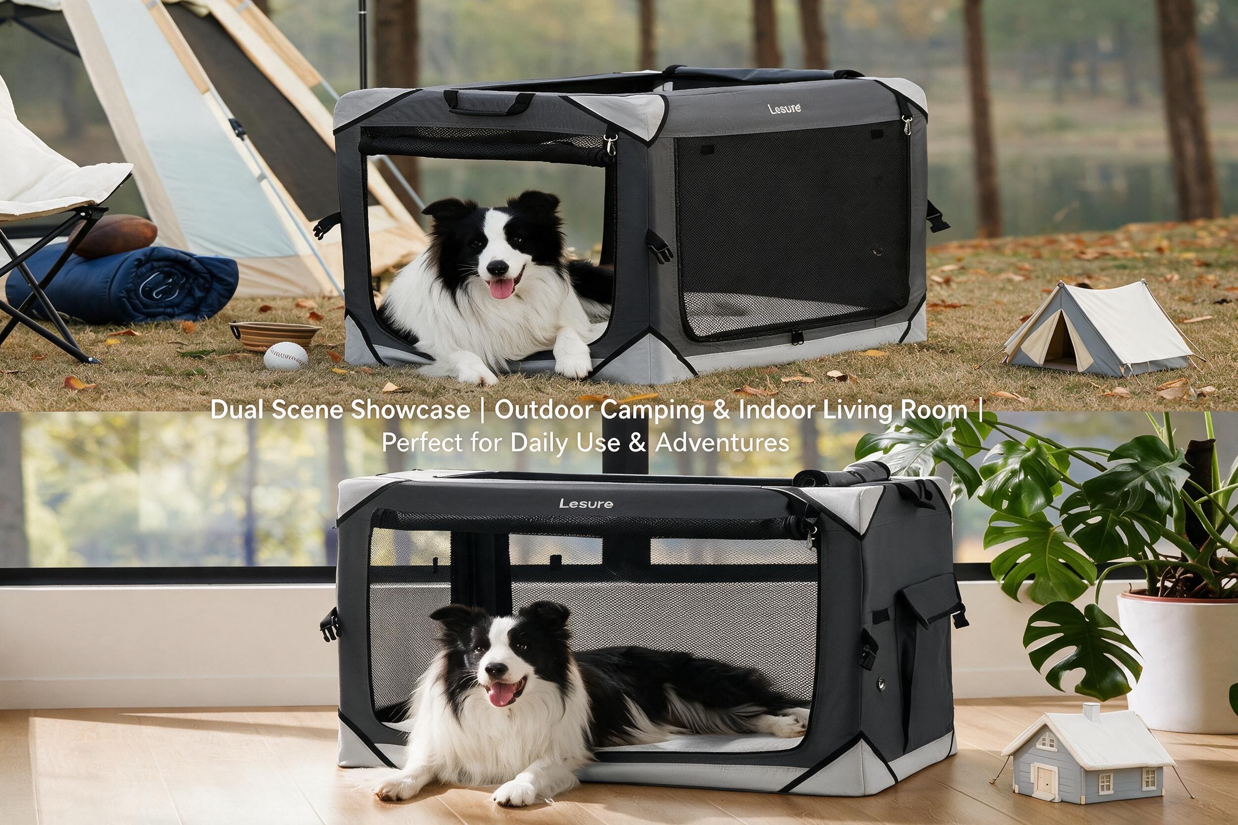 Lesure pet travel crate dual-scene showcase featuring an outdoor camping environment above and a bright indoor home setting below, emphasizing versatile use for travel, daily living, and outdoor adventures.