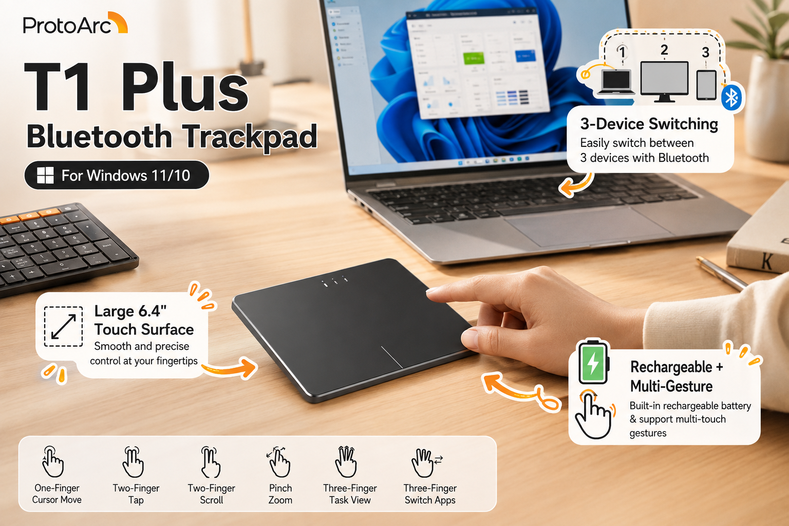 ProtoArc T1 Plus dark grey Bluetooth trackpad in use beside a Windows laptop, highlighting a large 6.4-inch touch surface, three-device Bluetooth switching, rechargeable design, and multi-touch gestures including scrolling, zooming, and app switching.