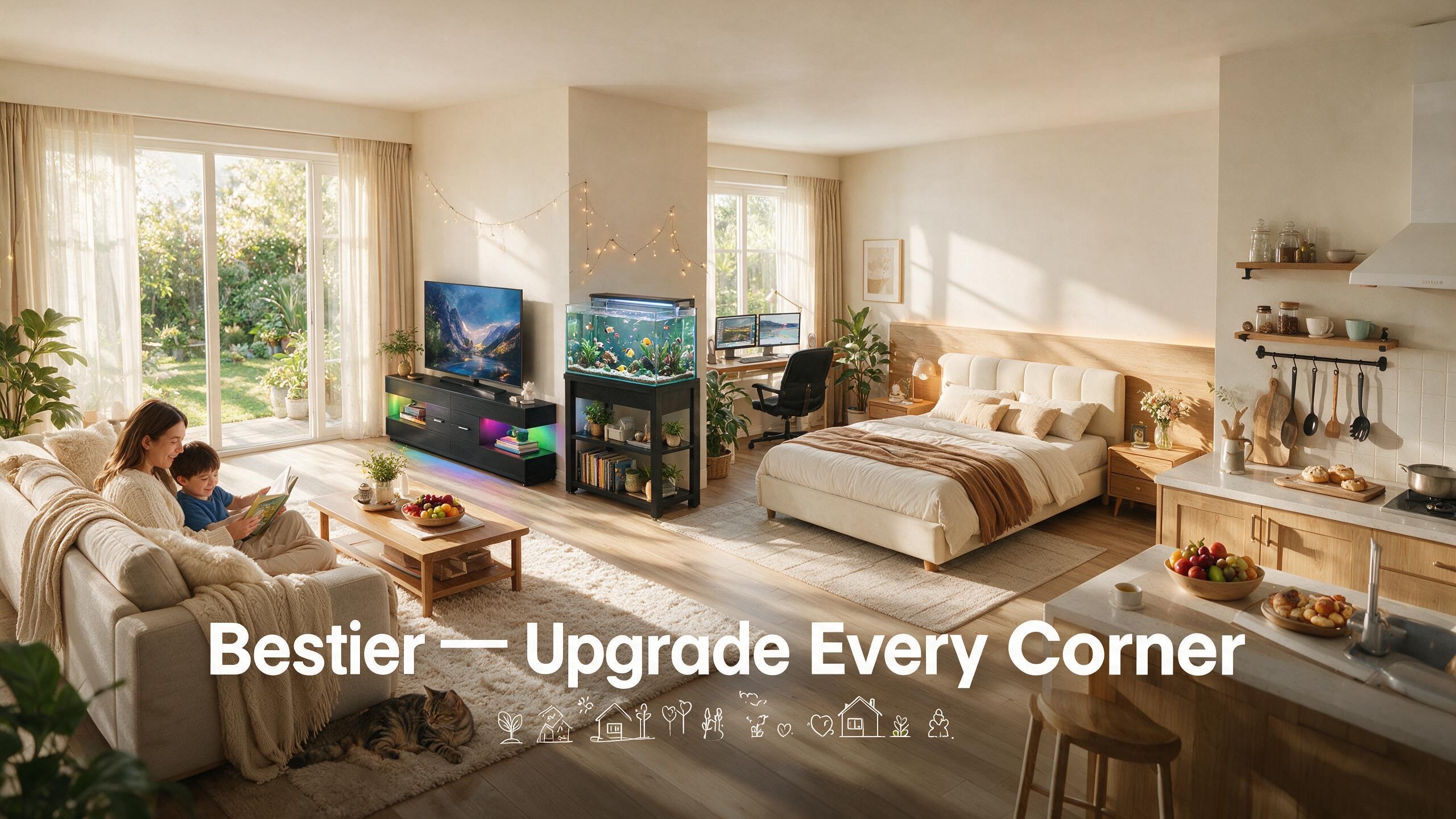 Bestier whole-home furniture lifestyle scene combining living room, bedroom, aquarium area, home office, and kitchen spaces, showcasing modern layouts and multifunctional furniture solutions.