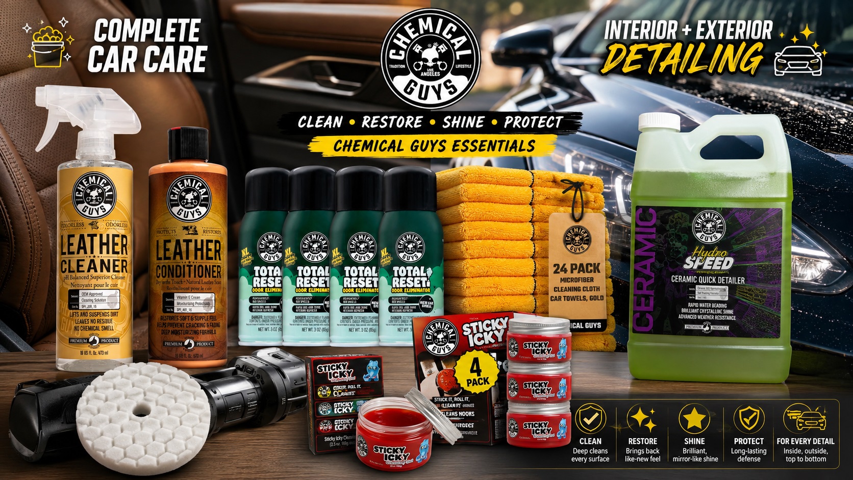 An assortment of Chemical Guys car detailing products spread out on a wooden table and the ground within a garage setting, including leather cleaner, odor eliminator 3-pack, microfiber towels, a polishing pad, a box of cleaning gel, and a gallon of ceramic detailer. Main titles include "COMPLETE CAR CARE" and "INTERIOR + EXTERIOR DETAILING".
