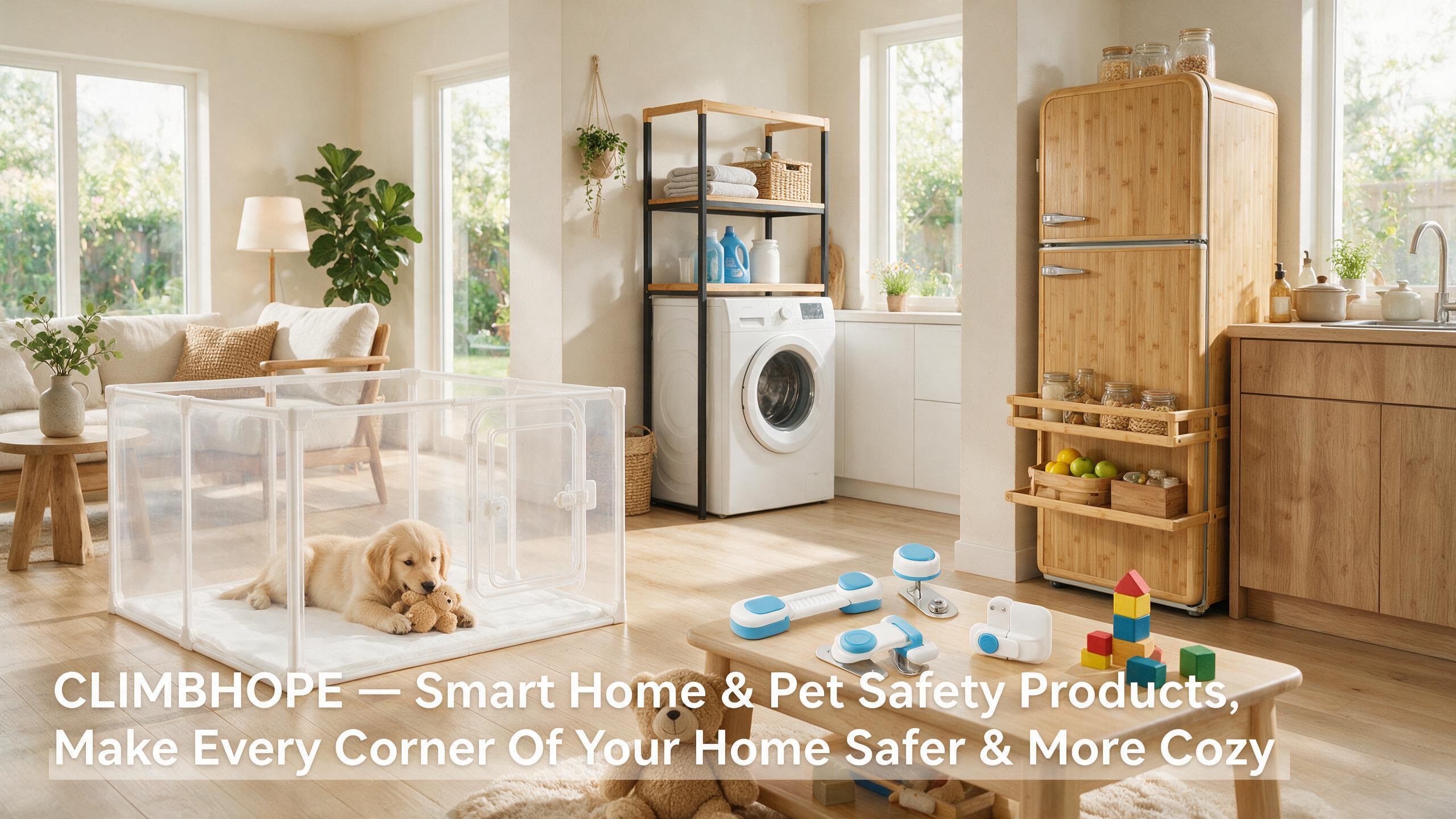 ClimbHope smart home and pet safety products displayed in a bright modern home, including a clear acrylic pet playpen, laundry organization accessories, bamboo storage solutions, and child safety items designed for everyday living.