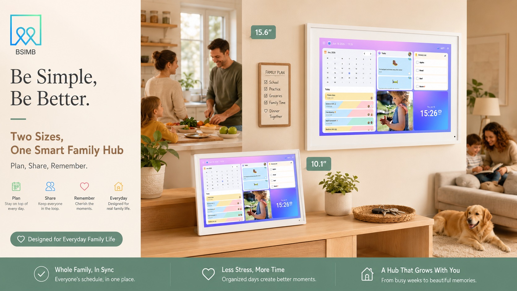 BSIMB smart family calendar featuring both 10.1-inch and 15.6-inch display options in realistic home environments. The image shows families planning schedules, managing tasks, and sharing daily moments through a connected smart home organization hub.