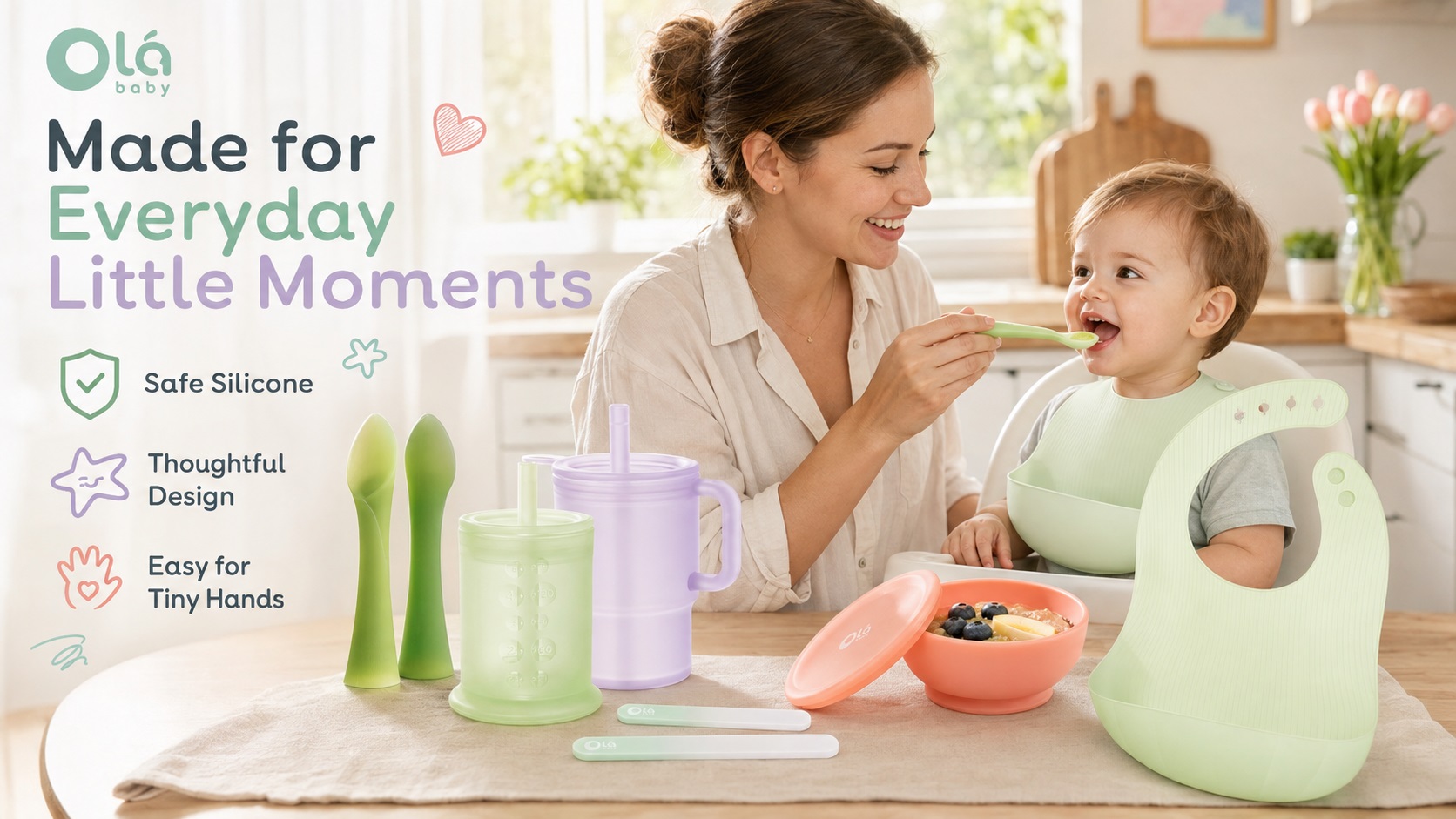 Olababy baby essentials collection lifestyle image featuring silicone spoons, training cups, bib, suction bowl, and care products, highlighting safe silicone materials, thoughtful design, and everyday baby moments.