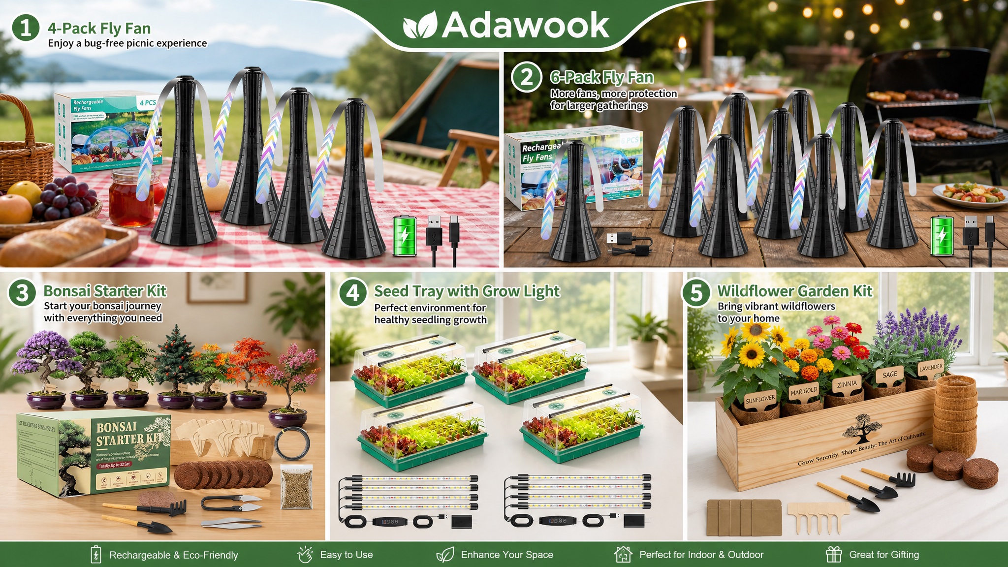 Adawook product collection showing 4-pack and 6-pack rechargeable fly fans, a bonsai starter kit, seed trays with grow lights, and a wildflower garden kit in coordinated indoor and outdoor lifestyle scenes.
