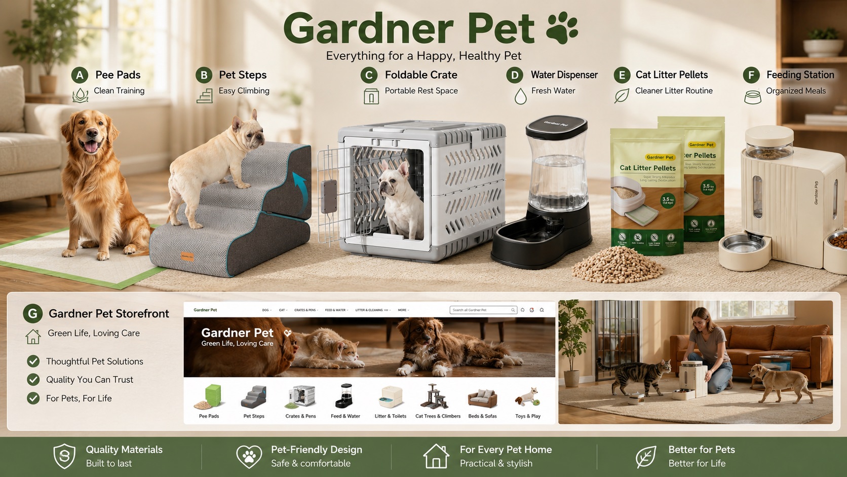 Gardner Pet product collection banner showing dog pee pads, pet stairs, foldable crate, water dispenser, cat litter pellets, and feeding station together in a realistic home environment. The image presents complete pet care solutions.