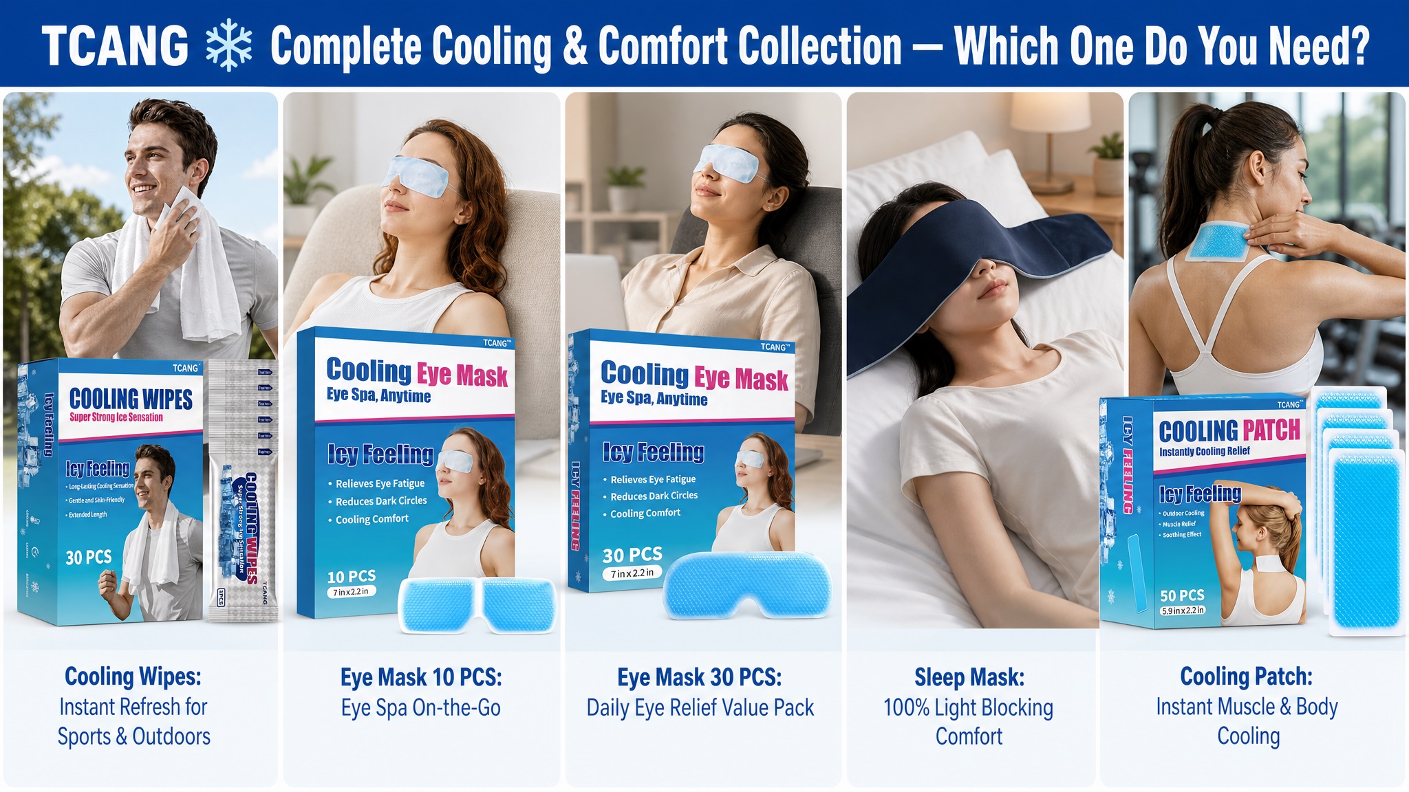 TCANG cooling and comfort product comparison chart featuring cooling wipes, 10-pack cooling eye masks, 30-pack cooling eye masks, sleep masks, and cooling patches. The image presents each product’s purpose and usage scenarios through different lifestyle settings.