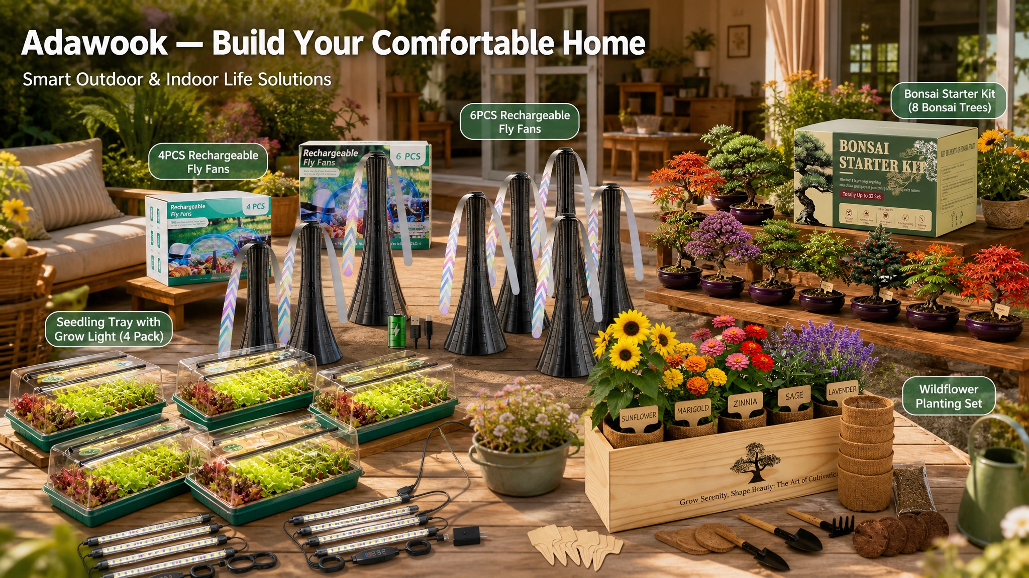 Adawook home and outdoor lifestyle collection arranged on a sunny patio, featuring rechargeable fly fans, bonsai starter supplies, indoor seedling trays with grow lights, and a colorful wildflower planting set.