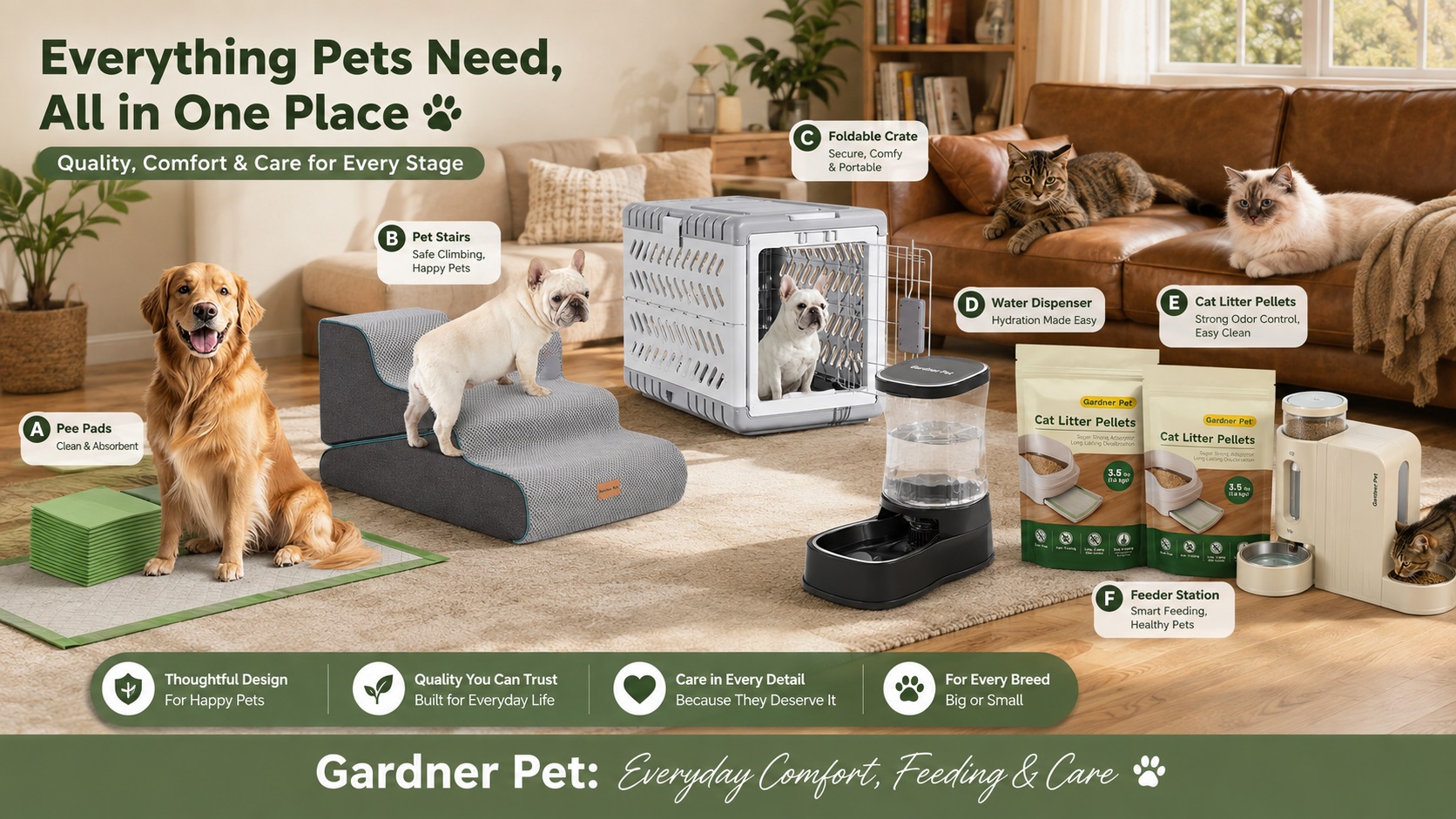 Gardner Pet lifestyle showcase featuring multiple pet care products including pee pads, pet stairs, crate, water dispenser, litter pellets, and feeder station. The image emphasizes comfort, safety, feeding, and daily pet care.